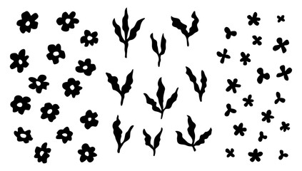 Vector set of flowers and leaves, naive style. Hand drawn cute elements, silhouettes, isolated on white background.