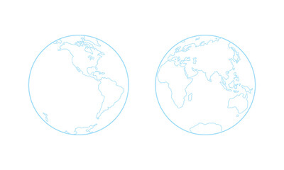 Vector illustration of Western and Eastern Hemispheres of planet Earth, silhouettes of continents, contour line. Eurasia, America, Africa, Australia, Antarctica