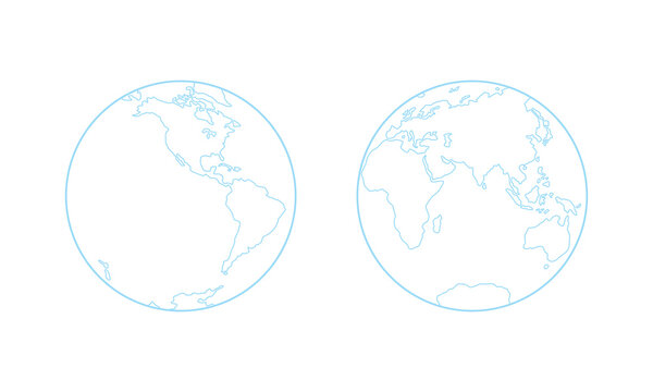 Vector illustration of Western and Eastern Hemispheres of planet Earth, silhouettes of continents, contour line. Eurasia, America, Africa, Australia, Antarctica