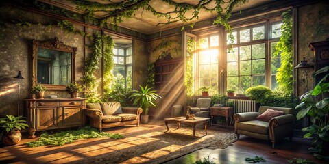 Fototapeta premium Vintage Living Room Urban Exploration Photography: Dusty Retro Interior