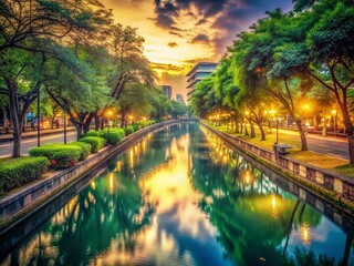 Fototapeta premium Vintage Lumphini Park Canal: Serene Sunset Reflections in Bangkok