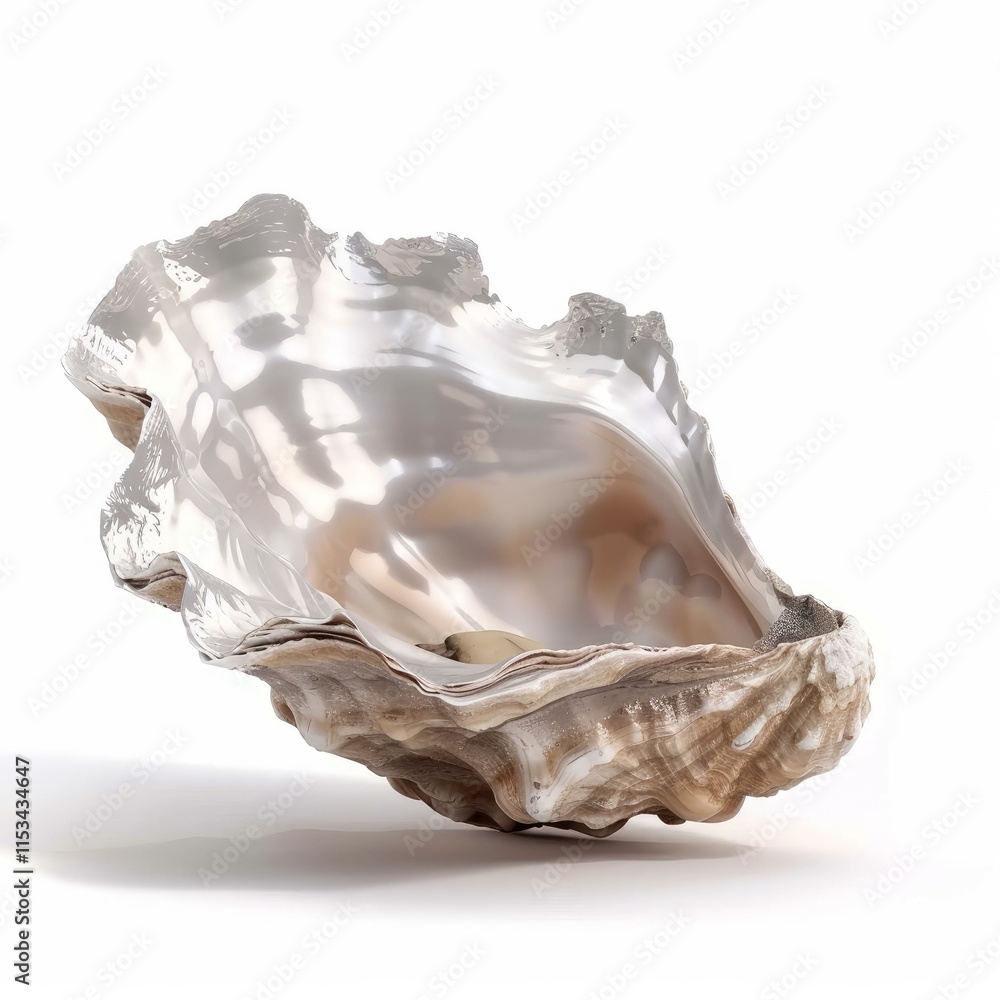 Poster empty oyster shell with beautiful nacre surface reflecting light, isolated on white background