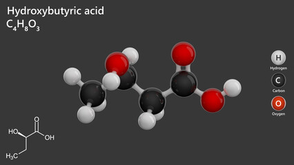 Molecule: Alpha-hydroxybutyric acid (2-Hydroxybutyric Acid). Molecular structure. Formula: C4H8O3. Chemical model: Ball and stick. Gray background. 3D illustration.