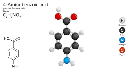 Molecule: Aminobenzoic Acid or PABA. Vitamin B10. Molecular structure. Formula: C7H7NO2. Chemical model: Ball and stick. White background. 3D illustration.