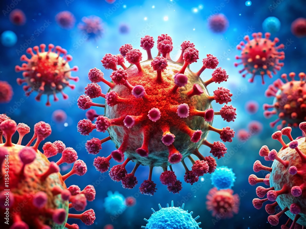 Poster vintage microscopic view: red virus cells on blue gradient background with floating particles