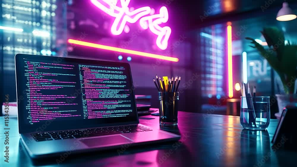 Poster a laptop displaying intricate code in a dimly lit workspace, with neon lights casting a futuristic g