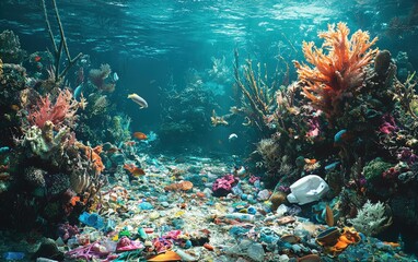 Obraz premium A coral reef bleached and dying, surrounded by plastic waste and a lifeless seabed