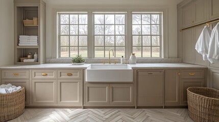 Farmhouse laundry room with beige cabinets, white sink, herringbone floor, and natural light.
