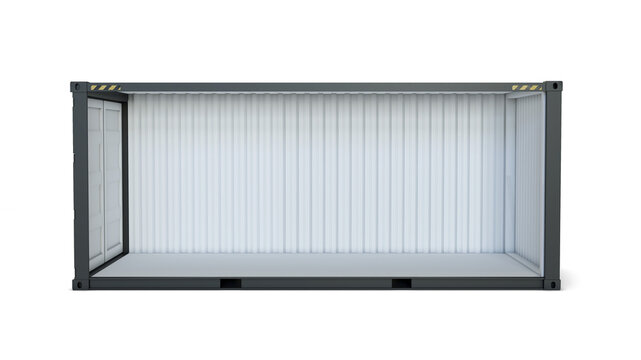 Empty black cargo container without side wall. Side view isolated on transparent background. Object of transportation. PNG. 3D illustration