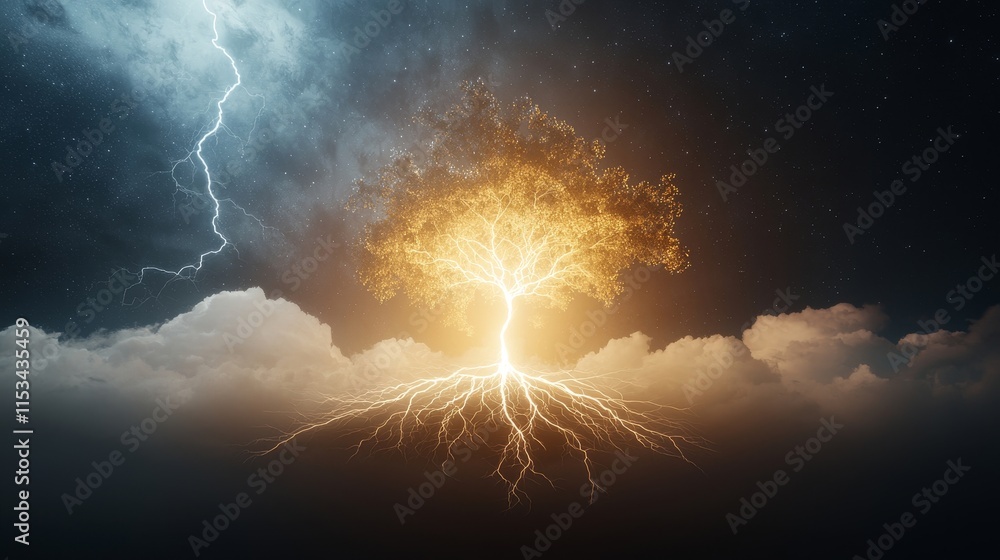 Poster dramatic scene of a tree illuminated by lightning with roots reaching into the ground, surrounded by