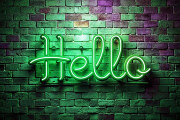 Fototapeta premium Vintage Neon Sign: Hello in Purple and Green on Green Wall