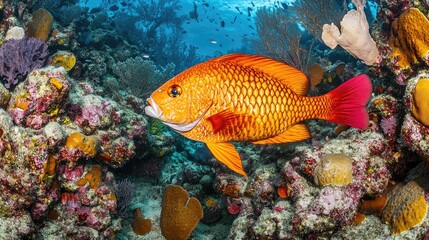 Vibrant underwater scene featuring a colorful fish among coral reefs.