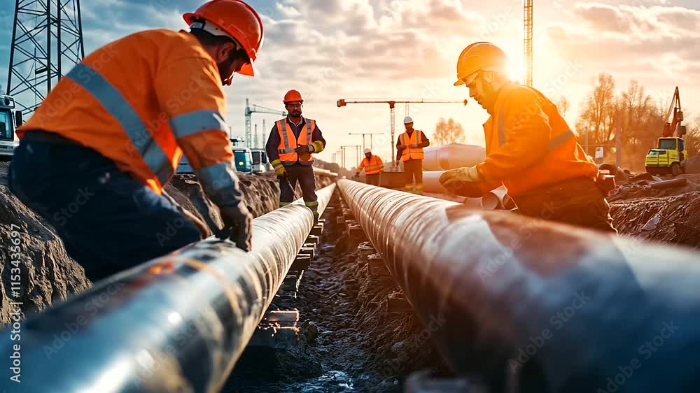 Poster a massive pipeline installation scene with neatly aligned pipes in a trench, and workers inspecting 