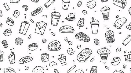 Fast food seamless pattern with hand drawn doodle elements. Vector illustration.