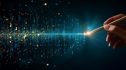 Stylus in hand with digital lock icon against code in dark background for cybersecurity concept