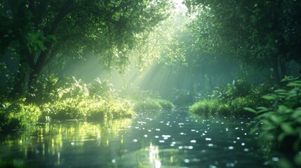 Sunlit Stream Flows Through Lush Green Forest Canopy