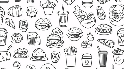 Fast food seamless pattern with hand drawn doodle elements. Vector illustration.