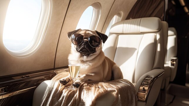 A bubbly pug wearing oversized retro sunglasses sits picture