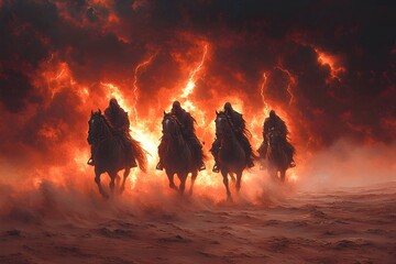 a dramatic scene of the horsemen galloping across a barren desert under a stormy sky, with lightning illuminating their dark figures. 