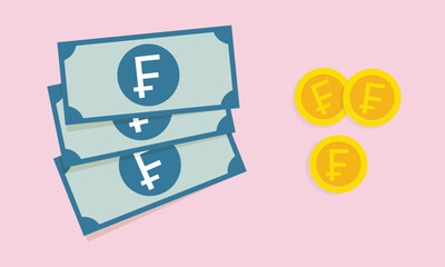 Franc bills and gold coins background template. Vector illustration representing business or economic concepts