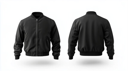 Black jacket mockup front and back view isolated on white background for brand presentation

