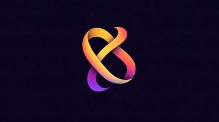 Fototapeta premium Abstract gradient logo design in vibrant orange and purple hues, resembling a stylized infinity symbol on a dark background.