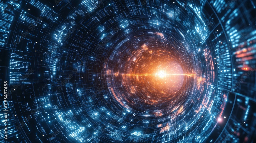 Poster a dynamic visual of a futuristic tunnel glowing with blue and orange digital elements. a bright ligh
