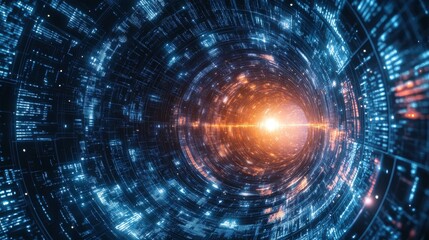A dynamic visual of a futuristic tunnel glowing with blue and orange digital elements. A bright light bursts from the center, creating a high-tech, sci-fi ambiance that evokes advanced technology and