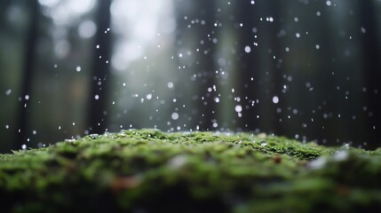 Rain droplets falling on mossy ground in a forest setting.