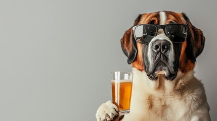 A dignified Saint Bernard in oversized sunglasses poses picture