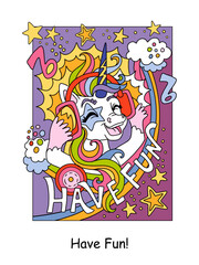 Cute musical unicorn wearing headphones kids color vector illustration