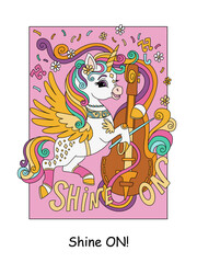 Cute unicorn playing violin kids color vector illustration