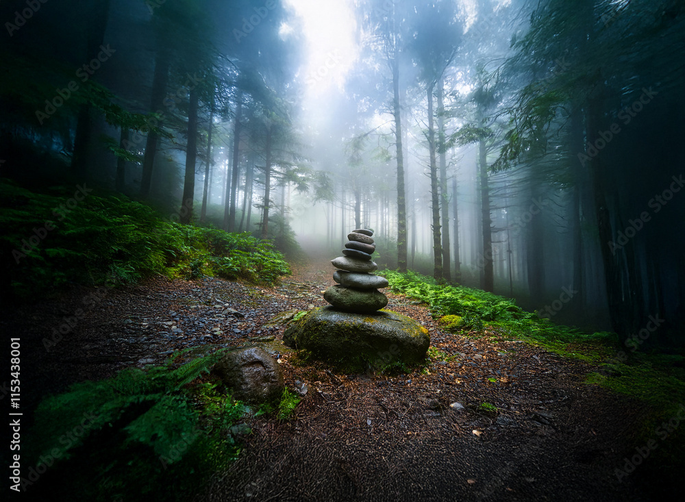 Poster a mystical stone cairn sits on a forest path shrouded in fog, sunlight filtering through the trees. 