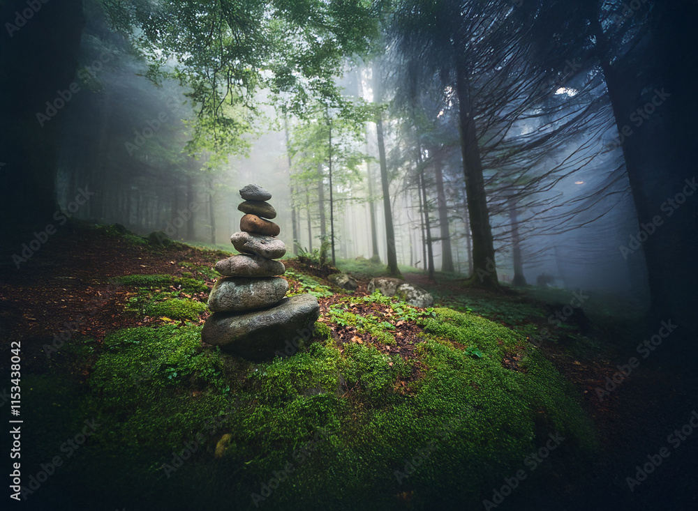 Poster a mystical stone cairn sits nestled in a misty, moss-covered forest, bathed in an ethereal, soft lig
