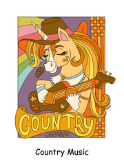 Cute country music unicorn kids vector illustration