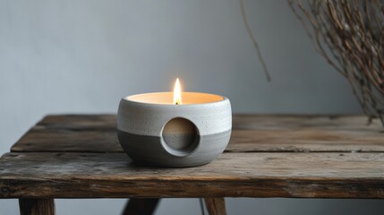 Lit gray and white candle in ceramic holder on wooden table.