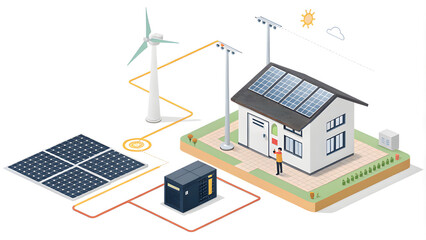 Isometric Renewable Energy Tech Icon - Wind Turbine, Solar Panel, and Battery Pack 3D Digital Art