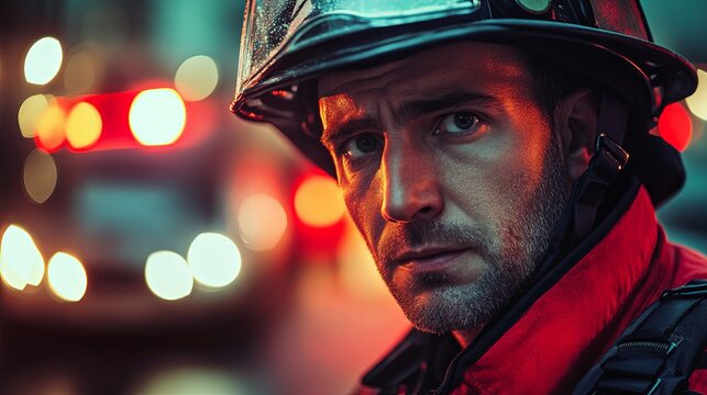 A firefighter with serious and tired face, wearing hemlet picture