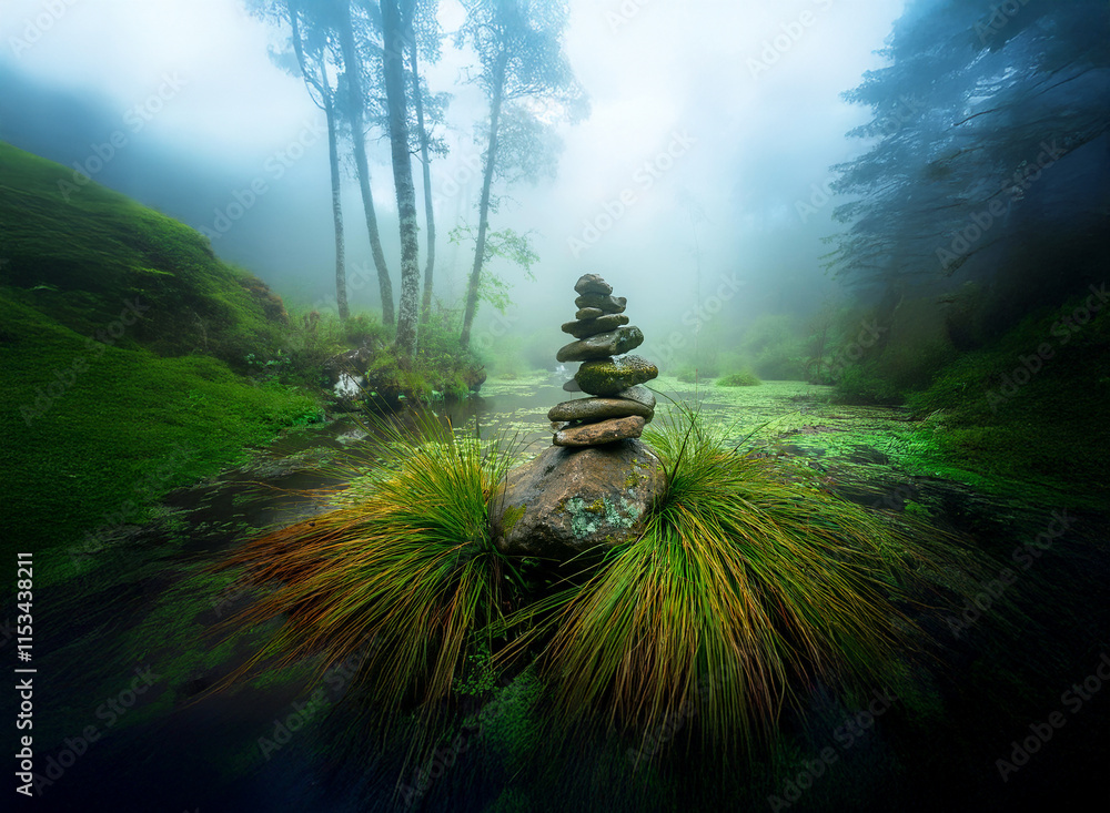 Poster serene misty forest scene. a carefully balanced rock cairn sits amidst lush moss and grass by a tran