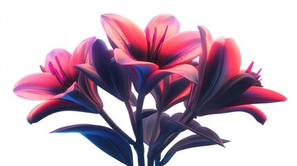 Vibrant pink lilies with dark stems against white.