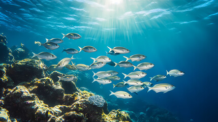 Fototapeta premium School of fish swimming near a rocky seafloor in a blue ocean. Seafloor. Illustration