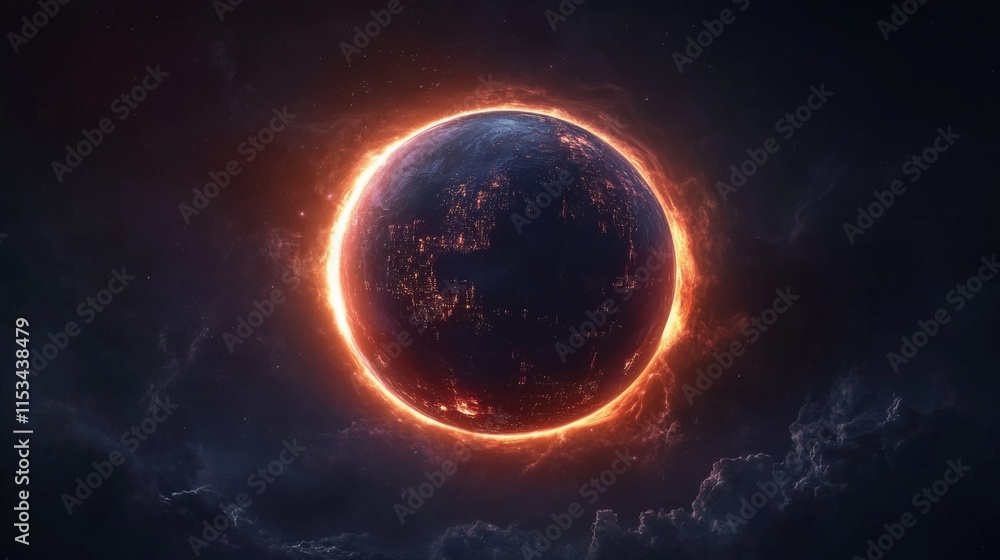 Poster a dark planet is eclipsed by a fiery light, set against the backdrop of deep space. the glowing edge