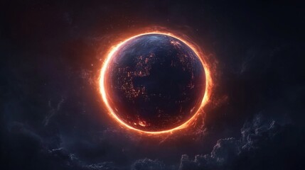 Obraz premium A dark planet is eclipsed by a fiery light, set against the backdrop of deep space. The glowing edges and cosmic atmosphere create a striking image ideal for space exploration, sci-fi, or cosmic