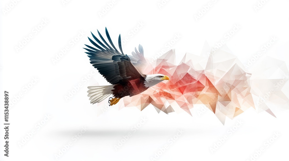 Poster Majestic Eagle in Flight Over Abstract Geometric Background of Sharp Triangles and Soft Colors Representing Freedom and Power in Nature