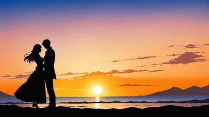 Fototapeta premium 水平線の彼方に沈む夕陽と愛