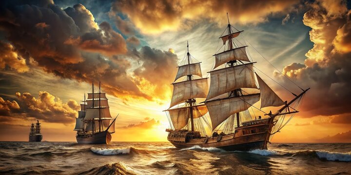 Vintage Pilgrim Ships: Low-Angle View of Historic Vessels Sailing to America