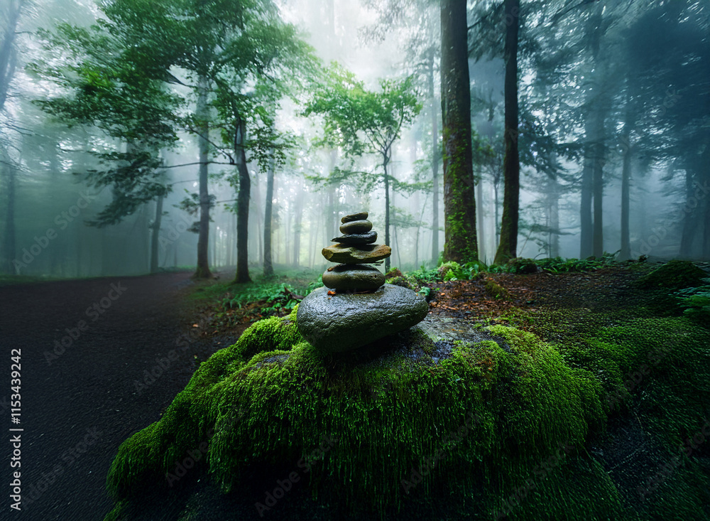 Poster a misty forest scene, serene and mysterious. a carefully balanced stack of stones sits on moss-cover