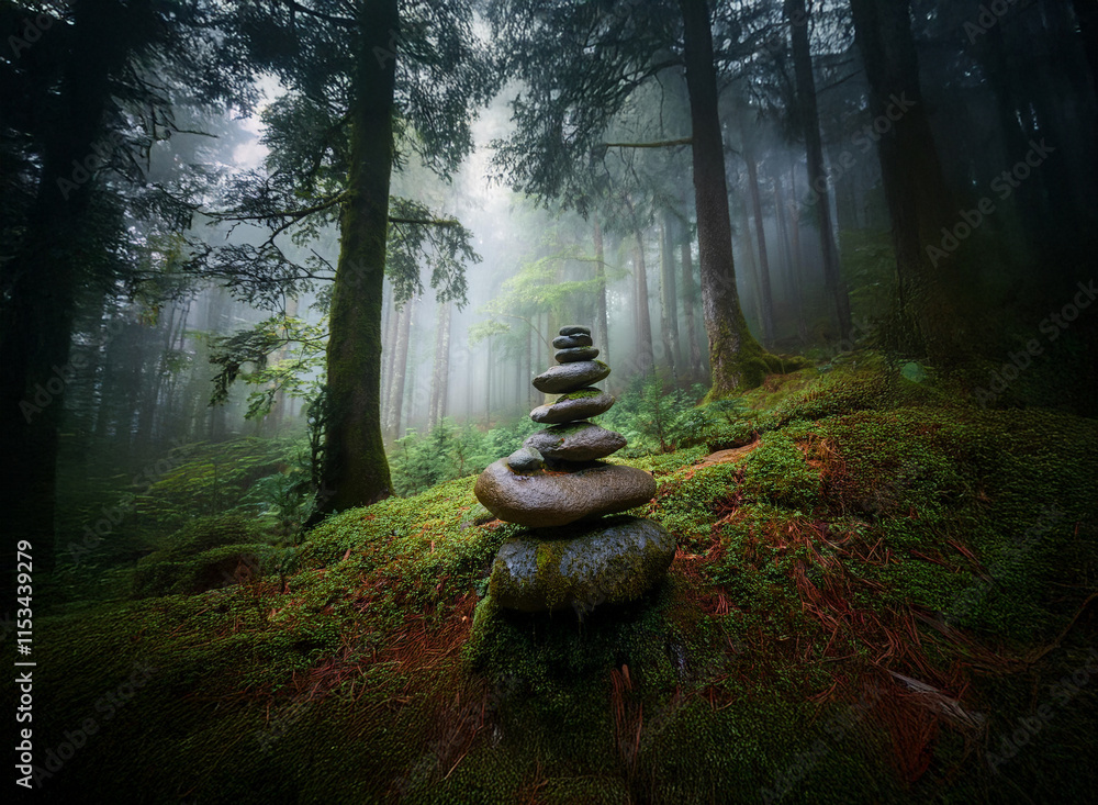 Poster a serene stone cairn sits amidst a mystical, fog-laden forest. moss covers the ground, adding to the