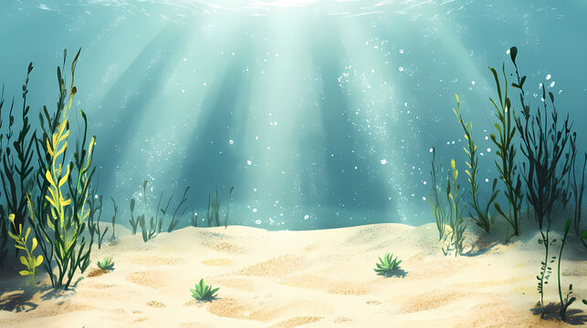Sunbeams illuminate sandy ocean floor with aquatic plants. Seafloor. Illustration