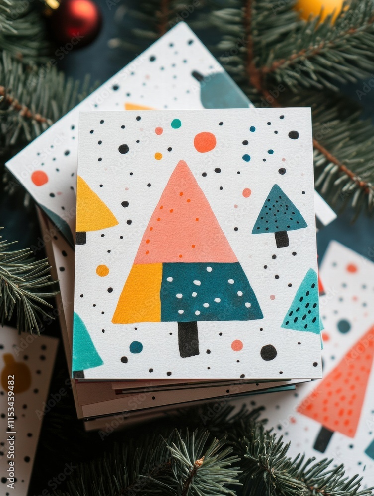 Poster colorful christmas cards with tree designs and festive decorations on a table surrounded by pine bra